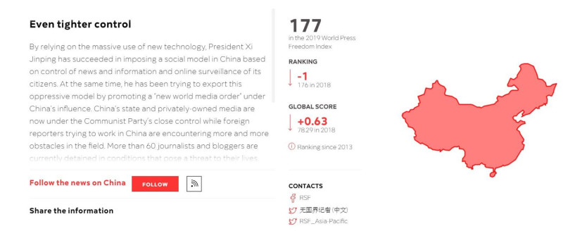 無國界記者組織公布《2019全球新聞自由指數》報告，以「黑洞」形容中國媒體環境。   圖 : 翻攝自無國界記者組織