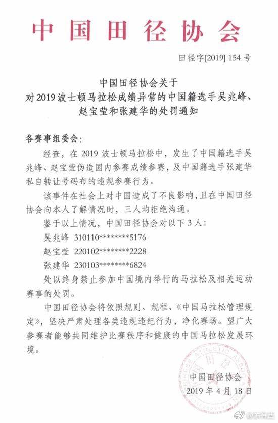 18日，中國田徑協會發布了《關於對2019波士頓馬拉松成績異常的中國籍選手吳兆峰、趙寶瑩和張建華的處罰》的通知。   圖：翻攝自微博
