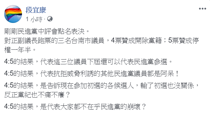 民進黨立委段宜康不滿地在臉書批評，「這個結果是代表大家都不在乎民進黨的崩壞？」   圖：擷自段宜康臉書