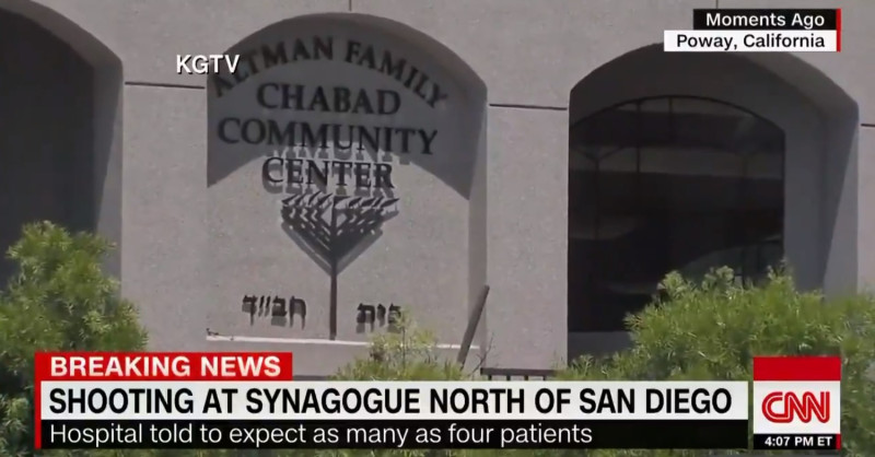 美國聖地牙哥郡波威查巴德猶太會所驚傳一名男子持槍開火事件。   圖/翻攝自CNN