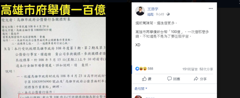 議員王浩宇在臉書上張貼高市府舉債金額，諷刺選前罵陳菊 選後借更多。   圖：翻攝自王浩宇臉書