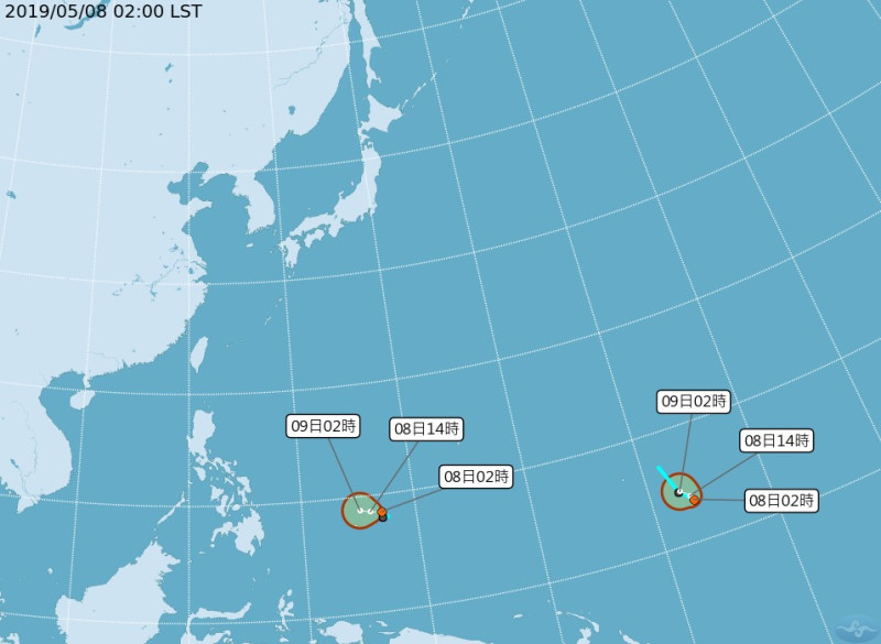 中央氣象局昨（7）日將西北太平洋兩個熱帶擾動，升格為「熱帶性低氣壓」。   圖：中央氣象局/提供