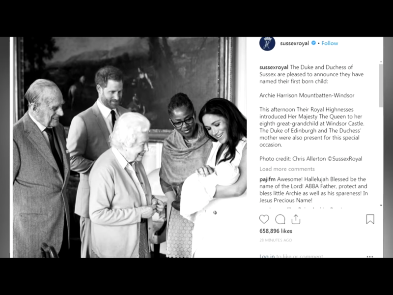 新生兒當時還沒有見過曾祖父母，但幾小時後，王室官方臉書就公布了英國女王伊麗莎白二世和丈夫菲立普親王一同在溫莎城堡見小曾孫的照片，梅根的母親拉格蘭（Doria Ragland）也在一旁。   圖：翻攝自The Royal Family Channel