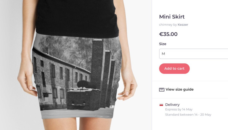 二次大戰的納粹奧斯威辛集中營照片，被印在迷你裙上在美國網站Redbubble販售，引發爭議。   圖：翻攝自奧斯威辛紀念館推特