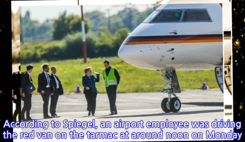 德國總理梅克爾的一名瘋狂粉絲跳車衝向座機拍照，廂型車低速滑行撞上機鼻，造成飛機停飛。   圖：翻攝Youtube