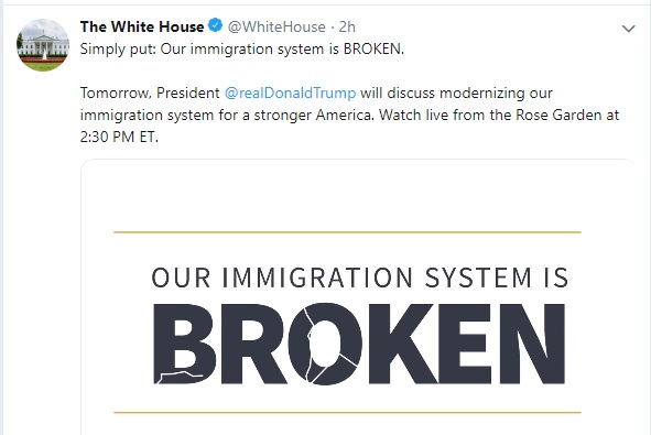 川普認為美國目前的移民制度破產，將提出新的政策草案   圖：翻攝自白宮推特