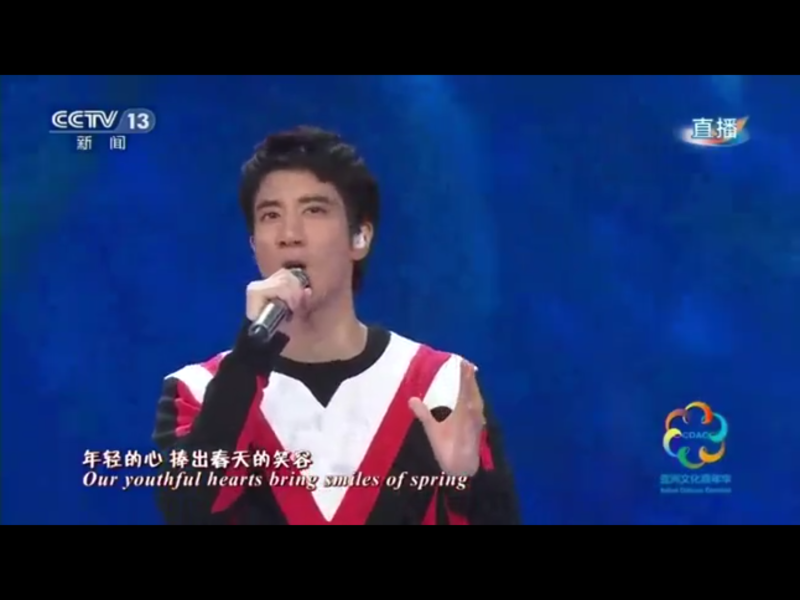5月15日晚上在北京奧運體育場（鳥巢）舉行亞洲文化嘉年華演出，台灣歌手王力宏演唱時的神情。   圖：翻攝自央視直播視頻