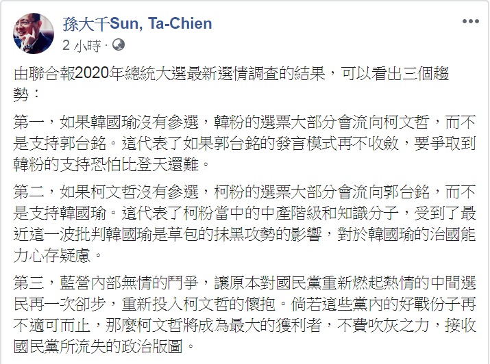 對於20日一份2020年總統大選最新選情民調數據，國民黨前立委孫大千21日在臉書表示：「看出三個趨勢」。   圖：翻攝孫大千Sun, Ta-Chien臉書