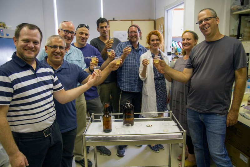 以色列科學研究人員從古陶壺中取出酵母，成功釀出啤酒，開心慶功。   圖：翻攝自以色列古文物局