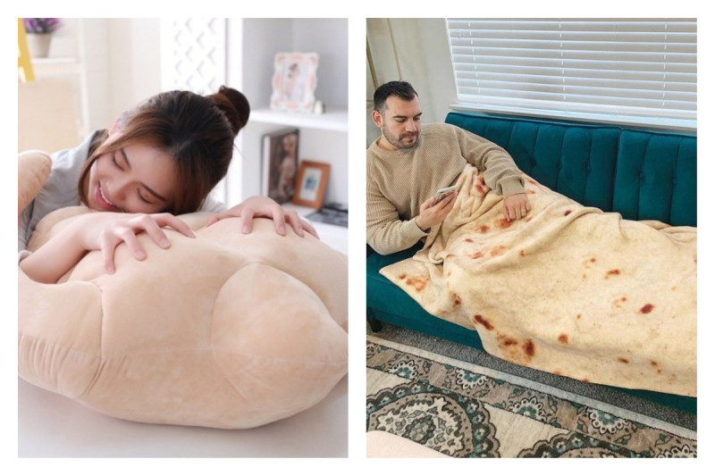 充滿趣味的肌肉男友抱枕以及印度抓餅薄毯，吸引網友的視線。   合成圖／翻攝自FuningFactory 網站， Aliexpress 網站