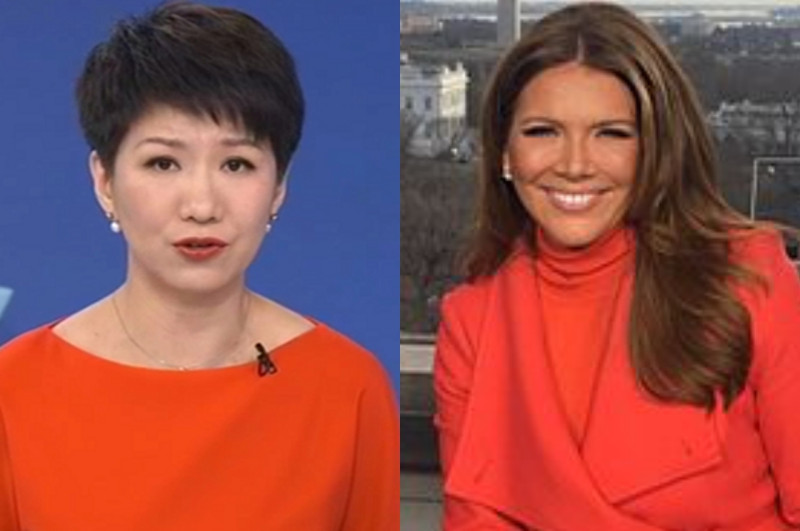 央視中國環球電視網主播劉欣（左）和美國福斯商業頻道主播特麗里甘（Trish Regan）（右）。   圖：新頭殼合成