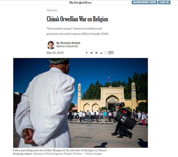 紐約時報專欄作家紀思道發布中國宗教迫害文章。   圖：擷取自紐約時報網頁