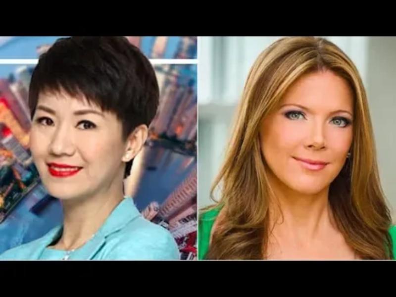 人在北京的劉欣（左）與福斯財經新聞網（Fox BusinessNetwork，FBN）女主播黎根（Trish Regan，右）另闢的「口舌」戰場，現敲定北京時間30日上午8時舉行，採衛星直播方式在黎根的節目一辯高下，議題仍是中美貿易戰。   圖：翻攝自Youtube