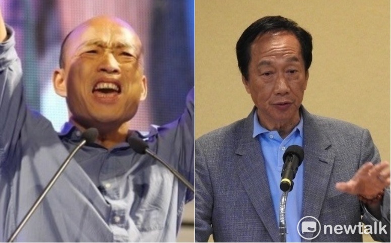 鴻海董事長郭台銘（右）今天表示，跟高雄市長韓國瑜（左）只有合作，才會贏得選舉，如果雙方不能合作，就要互相彼此幫忙，他的原則是這樣。   圖：新頭殼合成