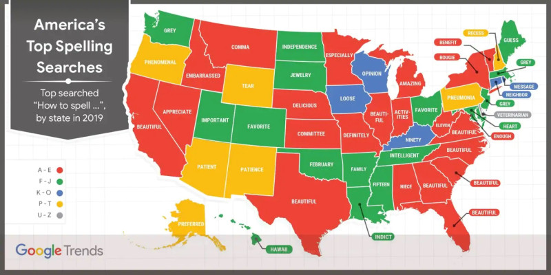 Google 公布了美國各州最常搜尋「如何拼..？」的單字。   圖／翻攝自Google