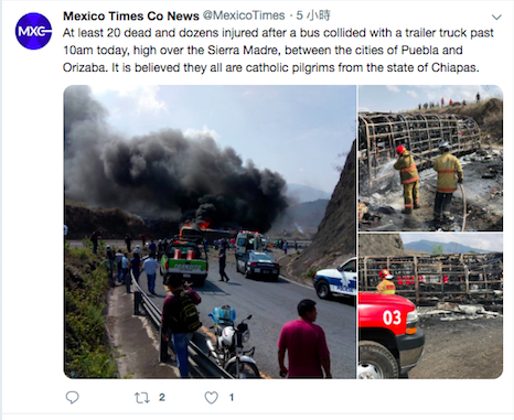墨西哥一輛半掛式卡車和一輛巴士在墨國東部相撞後起火燃燒，造成至少21人死亡、30人受傷。   圖：擷取自Mexico Time 