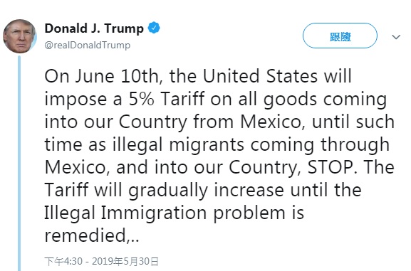 美國總統川普在推特上宣示將對墨西哥貨物增稅，直至移民問題解決為止。   圖：翻攝自川普推特