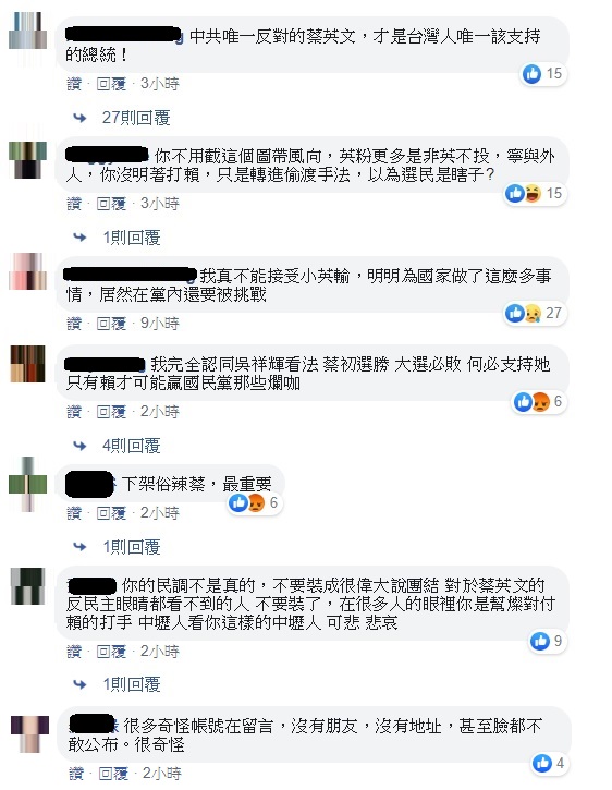 綠黨桃園市議員王浩宇於臉書分享了吳祥輝支持「拉下小英比消滅國民黨重要」的截圖後，自己的貼文底下也掀起了英粉與賴粉「帳號」之間的論戰。   圖 : 翻攝自王浩宇臉書
