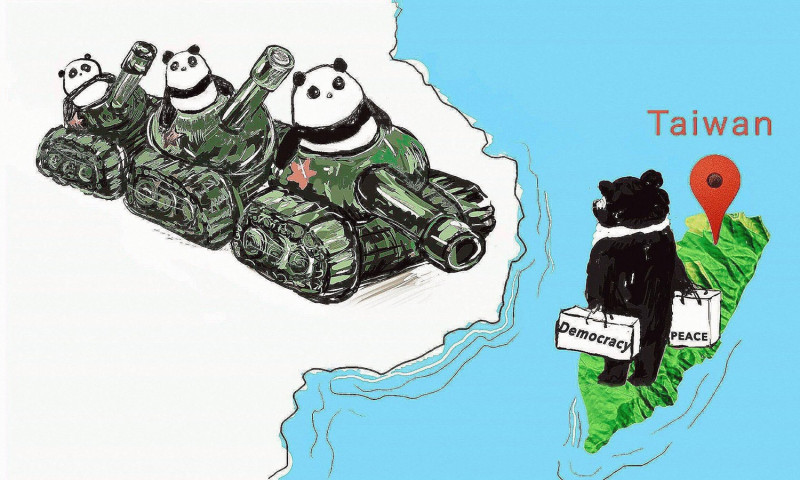 駐慕尼黑辦事處在臉書張貼一張圖片，描繪了坐著坦克的貓熊，將炮口指向提著寫有democracy（民主）與peace（和平）手提袋的台灣黑熊。   圖：取自台灣駐慕尼黑辦事處臉書