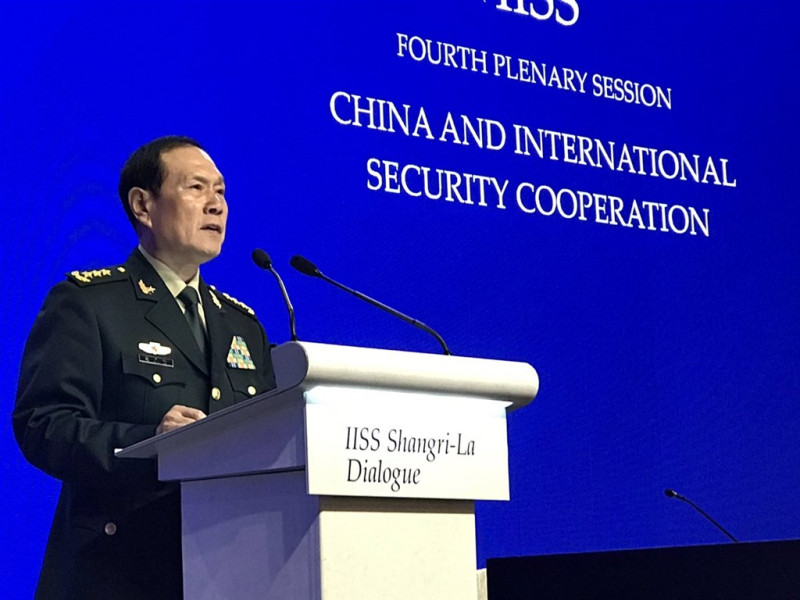 中國國防部長魏鳳和2日在「香格里拉對話」演說提及南海與台灣時強調，任何分裂中國的企圖或干涉的行徑，都注定失敗。   （圖取自twitter.com/IISS_org）