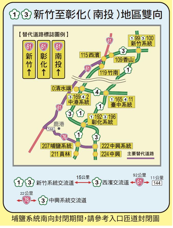 新竹至彰化地區雙向替代道路圖   圖：交通部高速公路局/提供