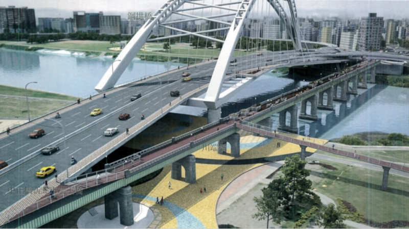中正橋將改建成鋼拱橋，下方的川端橋將保留作為行人、單車通行至高灘地；圖為中正橋新北市端主橋模擬示意圖。   圖：新北市工務局提供 