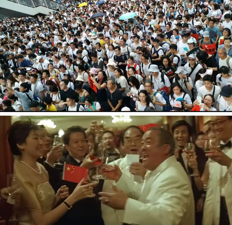 香港「反送中」大遊行在昨日登場，現場聚集上萬人集結抗議。而作家顏擇雅今日在臉書上分享電影無間道2的片段，呈現出1997年港人歡慶解放軍進入香港的影片，將兩者做出對比。   圖：翻攝自youtube