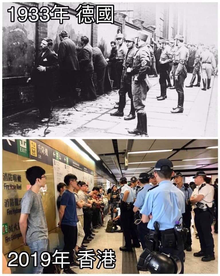 黃創夏合成1933年納粹軍人和2019年香港警察壓制民眾的畫面，文字則「超酸」註解：如果那個「不知道丶不曉得」，牽涉到「中聯辦」就會「頭昏」的人當總統…就要再加「2020年 台灣」的照片了！   圖：翻攝黃創夏臉書