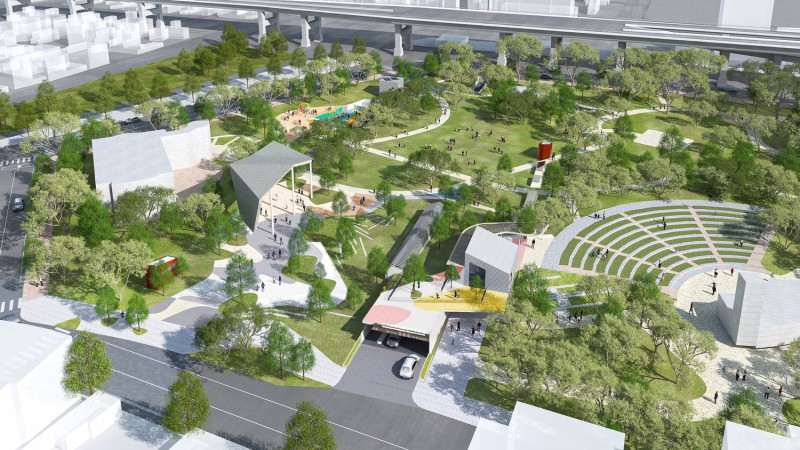 新北市府力拚板橋音樂公園新建地下停車場明年6月完工，屆時可提供611個汽、機車停車位。圖為停車場模擬示意圖。   圖：新北市交通局/提供