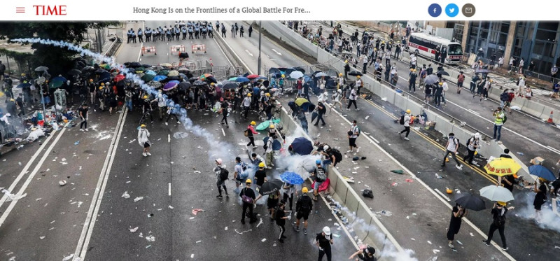 《時代雜誌》以「香港是全球自由保衛戰前線」為題，深度報導反送中運動。   圖：翻攝TIME官網