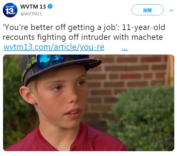 美國北卡羅來納州1名11歲男童布瑞登看起來很瘦，卻能持刀力退3匪，令人驚奇。   圖：翻攝自WVTM 13推特