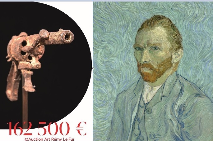 129年前荷蘭後印象派畫家梵谷（自畫像，右圖）自殺身亡，1把疑似他用來自盡的手槍（左圖）近日以高價拍賣。   圖：翻攝自維基網站、「Drouot」臉書/新頭殼合成