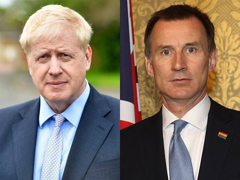 經過5輪投票，英國保守黨黨魁選舉最終由前任外相與倫敦市長強生（左）將與自稱黑馬的現任外相韓特（右）對決。   圖：翻攝強生、韓特臉書(新頭殼合成)