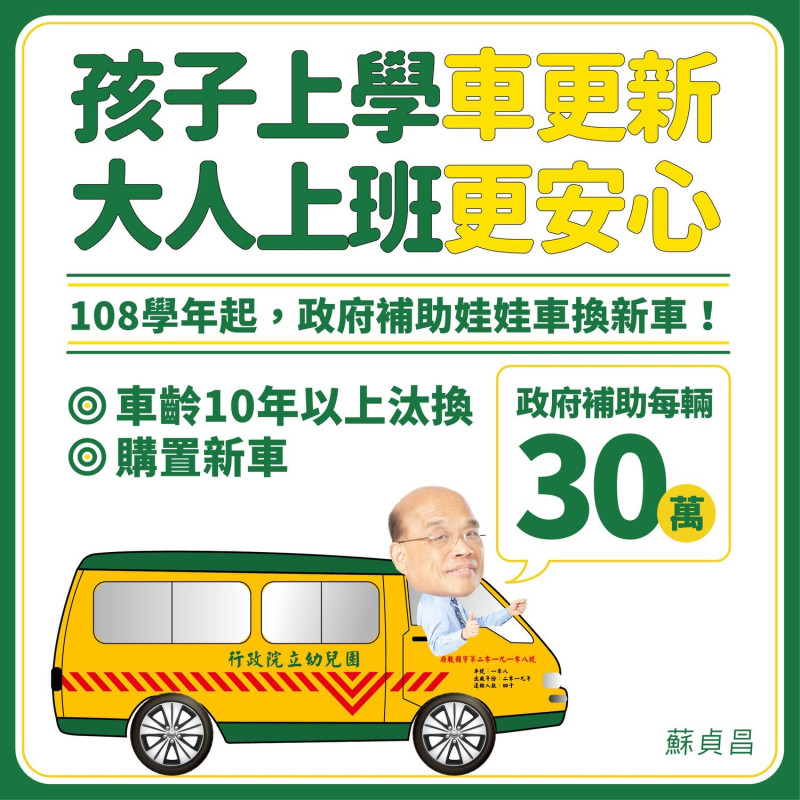 行政院長蘇貞昌今天公布，目前全台灣的娃娃車大約4000輛，依規定10年必須汰換，政府將編列預算幫忙汰換或購置新娃娃車，每輛補助30萬。   圖：翻攝自蘇貞昌臉書