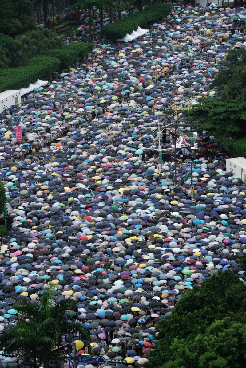 今天下午時陣雨，參與反紅媒遊行的民眾，不畏風雨撐起傘、穿起雨衣，一同站在凱道。   圖：張良一/攝影