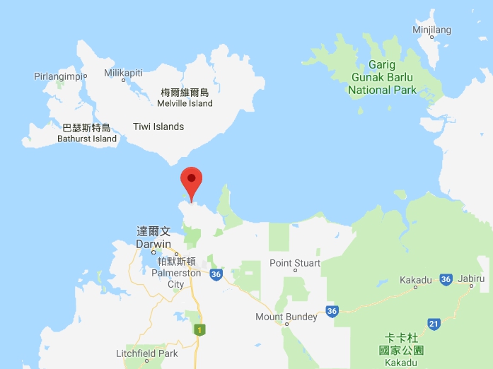 澳洲有意在位於北領地格萊德角(Glyde Point)(紅點處)建造更全面、更空閒的一個作業基地。   圖：取自GoogleMap
