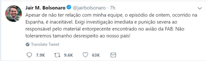 巴西總統博索納羅25日過境西班牙準備前往日本參加G-20，護送他的空軍人員竟然趁機運毒。   圖：巴西總統博索納羅在推特上斥責運毒行為