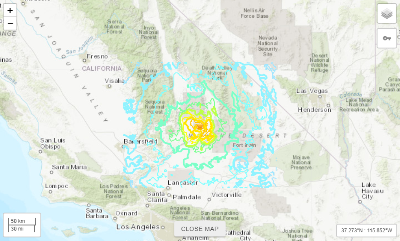 美國南加州洛杉磯東北部約200公里的克恩郡附近，當地時間4日上午發生規模6.4強震，震源深度不到10公里。   圖：翻攝自美國地質調查局
