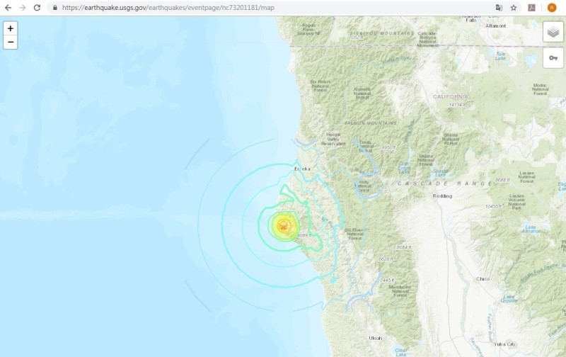 美國加州里奇雷斯特市（Ridgecrest）附近上午10時33分（台灣時間5日凌晨1時33分）發生規模6.4強震   圖 : 翻攝自美國地質調查所