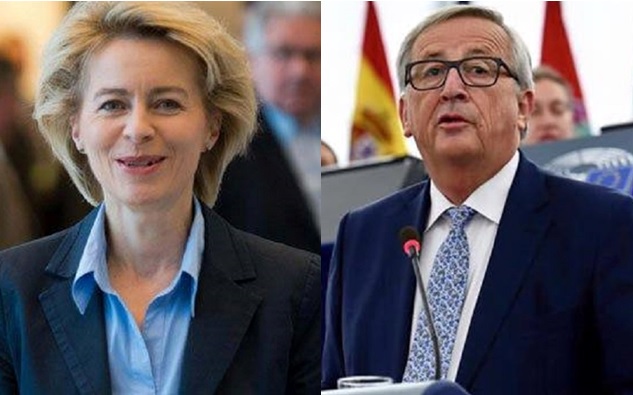 歐盟執委會現任主席榮科（右）表示，歐盟領袖選擇他的繼任人選德國國防部長范德賴恩（左）程序不透明。   圖：翻攝榮科、范德賴恩臉書（新頭殼合成）