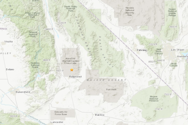 餘震發生在今天早上4時7分，震央在瑟爾斯谷（Searles Valley）以西約18公里處。   圖/翻攝自USGS