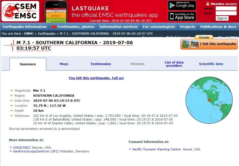美國南加州4日才剛遭受25年來最強震侵襲，但在1天之後，當地5日晚間又發生規模7.1的極淺層地震。   圖：翻攝自EMSA