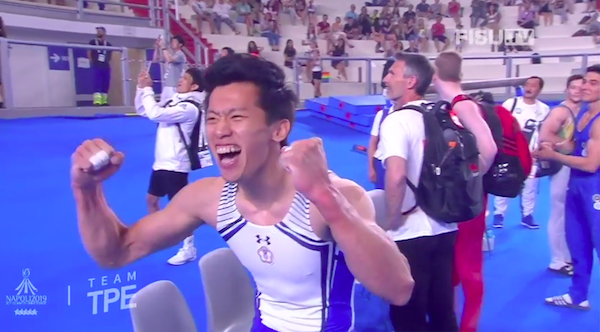 台灣「鞍馬王子」李智凱，在2019年拿坡里世大運體操男子鞍馬決賽繳出全場最高的15.400分，成功寫下世大運鞍馬2連霸。   圖：取自SSU大專學生運動網畫面