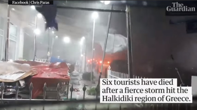 希臘北部10日遭到強風、豪雨、冰雹侵襲，造成6名外國遊客死亡、超過100人受傷。   圖：翻攝Youtube