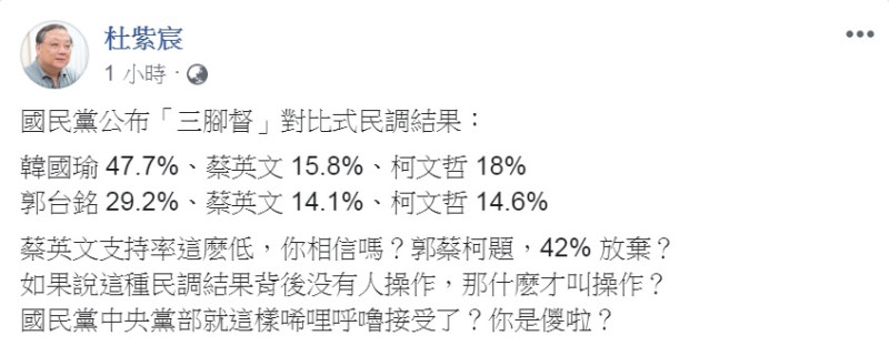 中華大學講座教授杜紫宸從「對比式」民調結果細節裡看出問題，直言「國民黨中央黨部你是儍啦？」   圖：翻攝杜紫宸臉書