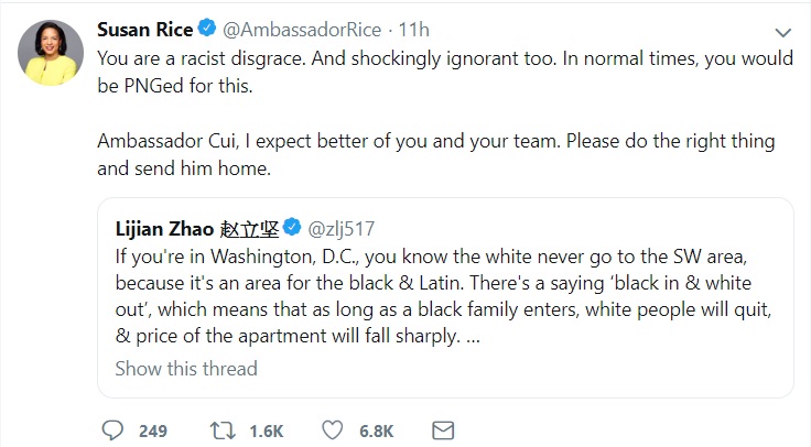 中國外交官趙立堅在推特上拿美國的種族議題做文章，被非裔美國前白宮安全顧問萊斯斥責，並要求他的上司把他調回中國。   圖：翻攝萊斯推特