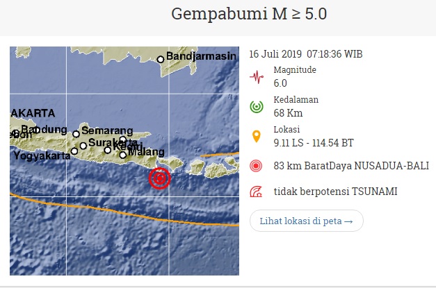 印尼地震局發布峇里島6.0強震消息，震央離島上最大城市登帕薩約88公里處。   圖：翻攝自印尼地震局