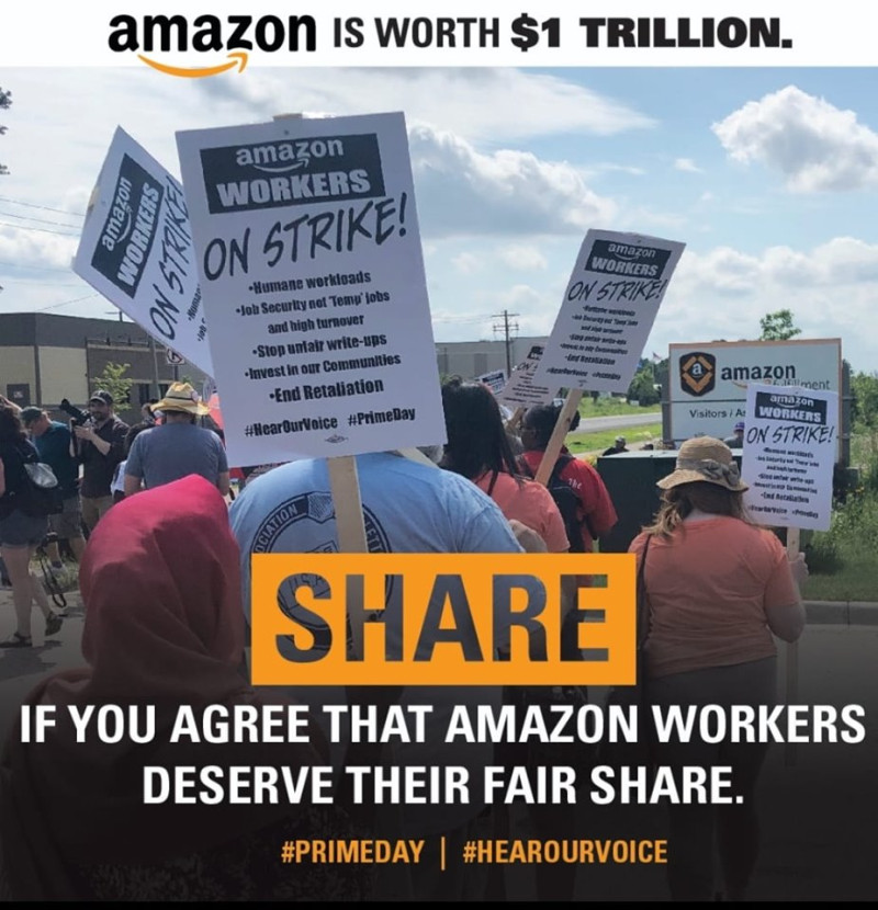 明尼蘇達的亞馬遜員工發動罷工，要求資方改善勞動條件。   圖：翻攝Awood Center臉書