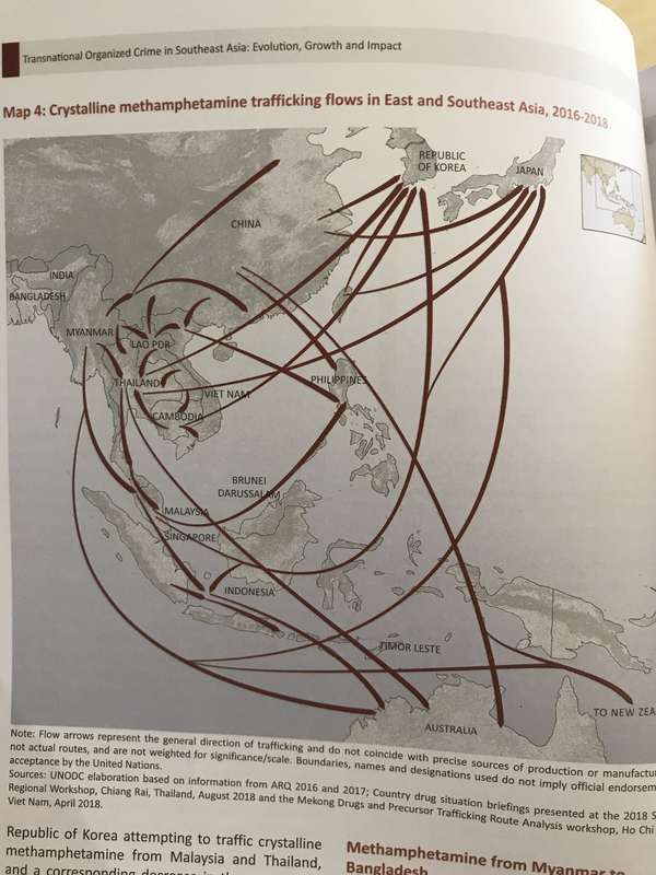 聯合國毒品暨犯罪辦公室（UNODC）18日公布2019年「東南亞跨國組織犯罪：演變、成長和影響」報告，描述東南亞和周邊地區的毒品販運路徑   圖 : 中央社