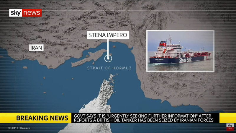 英國外交部長表示，第2艘油輪已遭奪取，表示這次兩艘油輪被扣，令人無法接受。   圖/擷取自Sky News